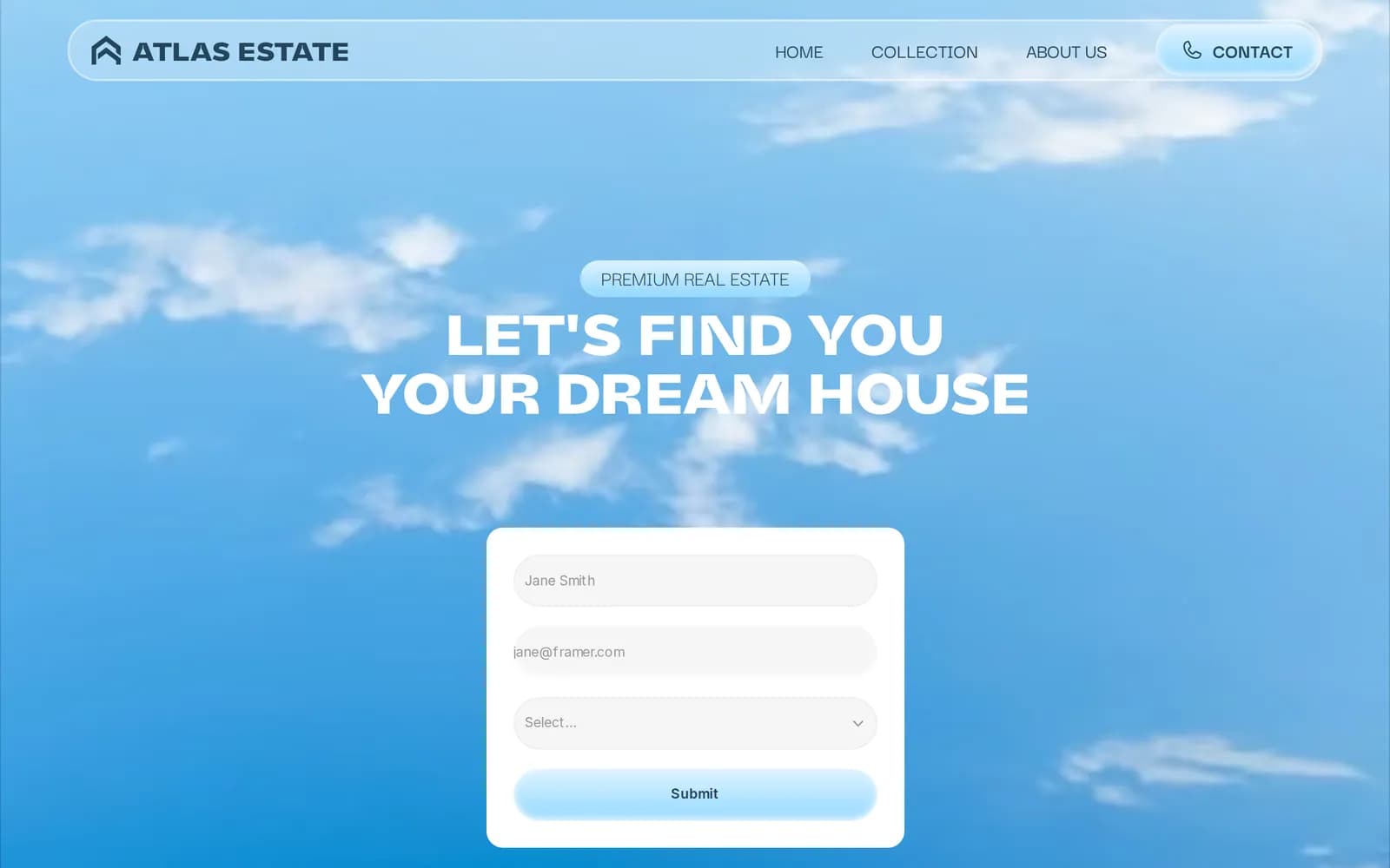 Kontaktseite mit Formular «Let's find you your dream house»