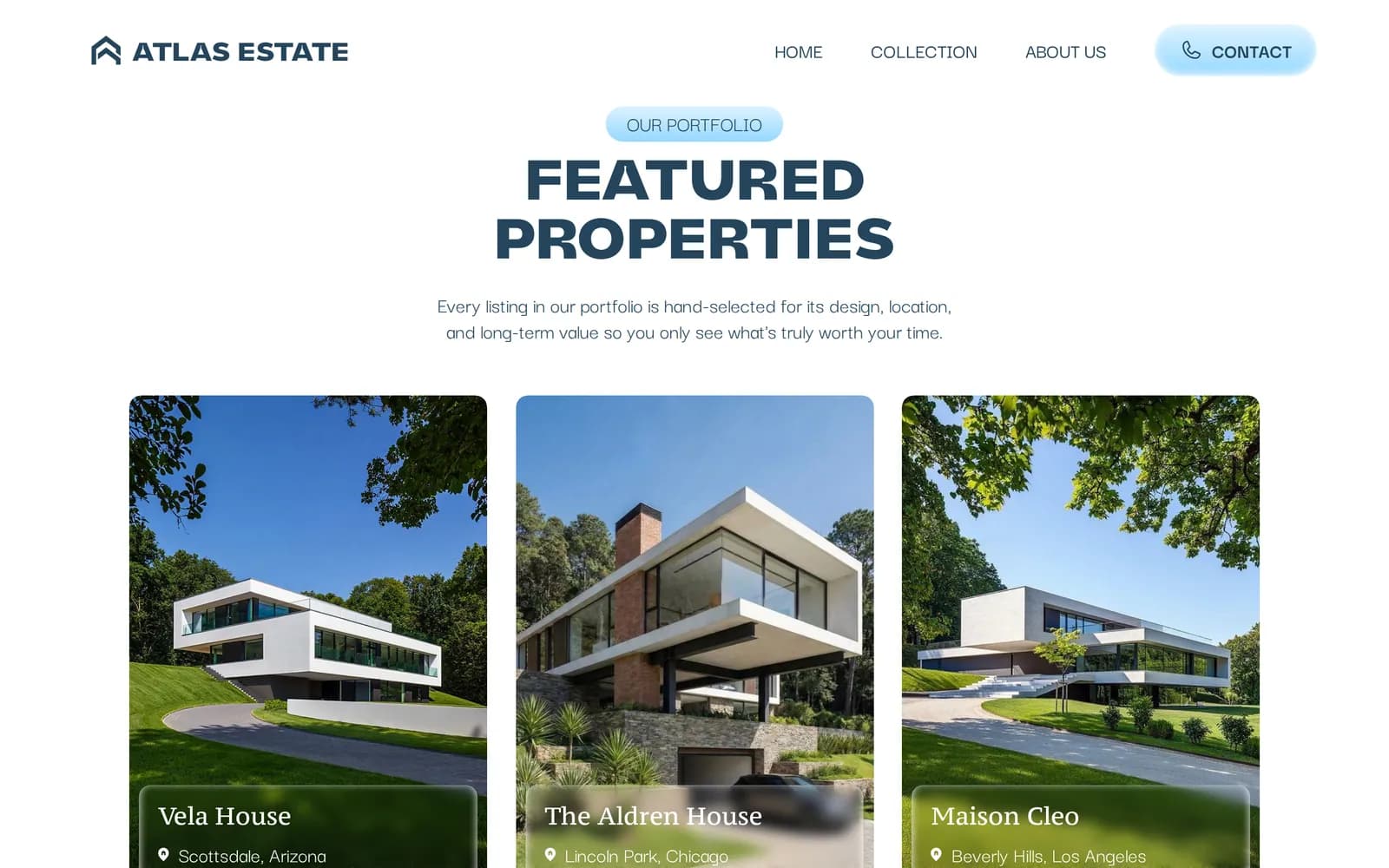 Section «Featured Properties» mit drei Objektkarten aus dem CMS