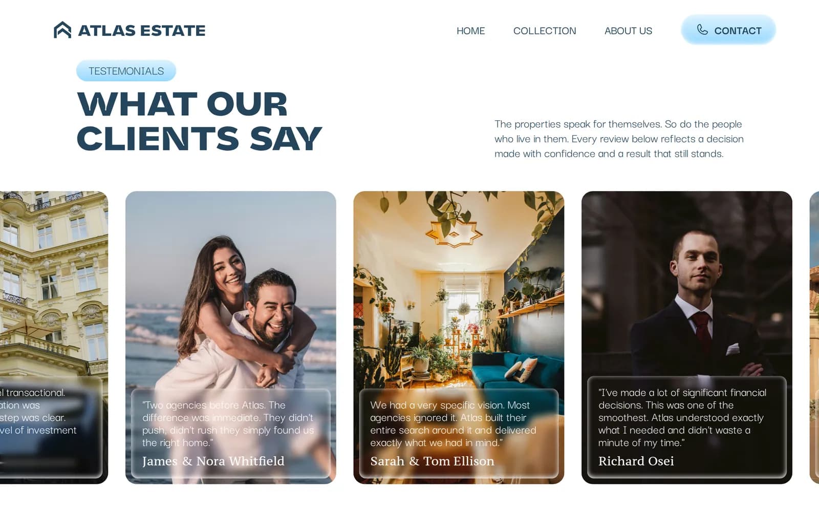 Section «What our clients say» mit Kundenstimmen-Karten